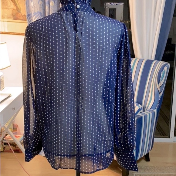 Shi Long Fashion Blue & White Pleated Polka Dot High Neck Blouse Size 2XL - Picture 6 of 8